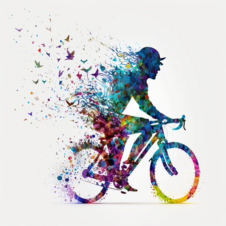 Cyclist with colorful splashes on white background. Vector illustration.の素材