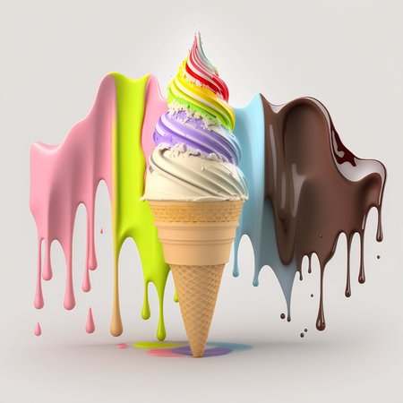 Ice cream in waffle cone with splashes of chocolate, 3d renderの素材
