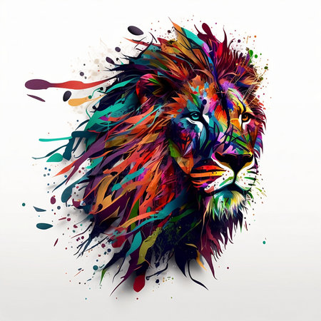 Lion head with colorful paint splashes on white background. Vector illustration.の素材