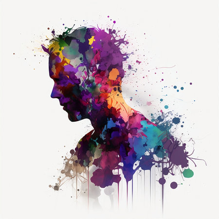 Silhouette of a beautiful woman combined with colorful splashes.の素材