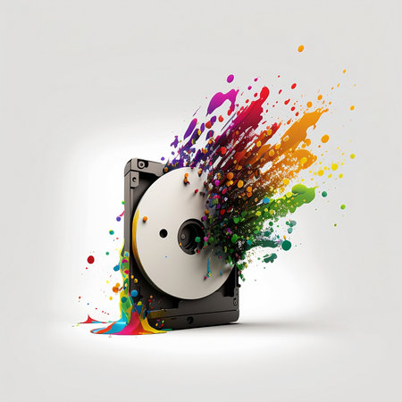 illustration of a hard drive with colorful splashes and blotsの素材