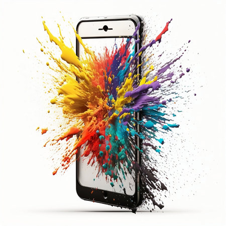 Mobile phone with colorful paint splashes isolated on white background. 3d illustrationの素材