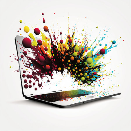 Laptop with colorful splashes on white background. Vector illustration.の素材