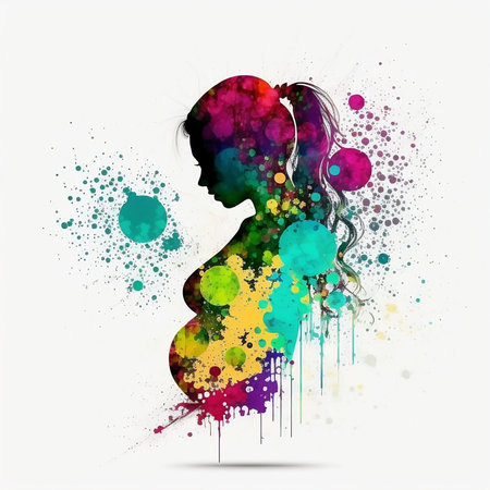 Pregnant woman silhouette with colorful splashes on white background.の素材