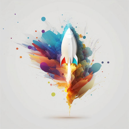 Rocket with colorful paint splashes on white background. Vector illustration.の素材