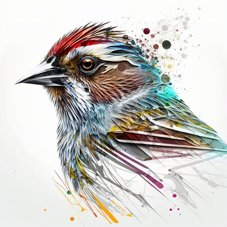 colorful bird illustration on white background with blots and splashesの素材