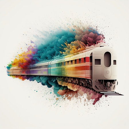 Modern high-speed train with colorful paint splashes. Vector illustration.の素材