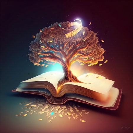 Open book with magic tree on dark background. Vector illustration. Eps 10の素材