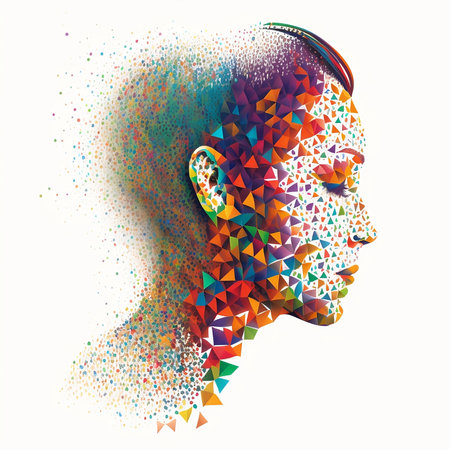 Double exposure portrait of a woman combined with multicolored paint splashesの素材