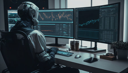 Cyber security concept. Man in virtual reality headset working on computer. 3D Renderingの素材