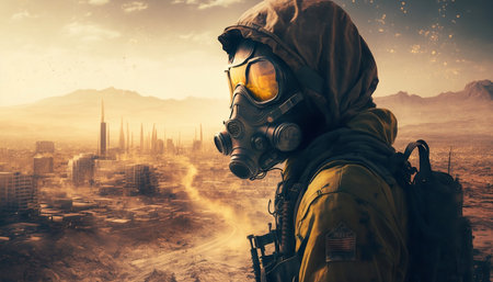Man in gas mask against the background of the city.の素材