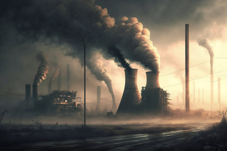 Industrial landscape with heavy smoke from chimneys of power plant.の素材