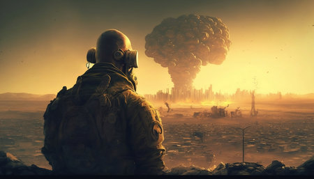 Soldier in gas mask and blast in the background of the destroyed city.の素材