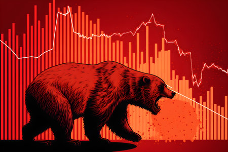 Bear and stock market graph on red background. Vector illustration for your designの素材