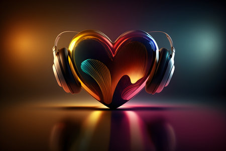 Heart with headphones on dark background. 3D illustration. Music concept.の素材