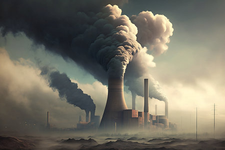 Air pollution from a power plant. Environmental pollution concept. 3D renderingの素材