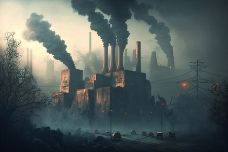Pollution of the environment concept. Smoke from the chimneys of a power plant.の素材