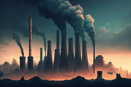 Industrial landscape with smokestack. 3D illustration.の素材