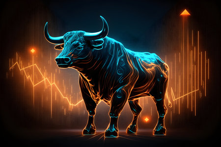 bull on stock market background, 3d rendering. Computer digital drawing.の素材
