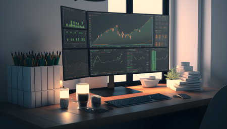 illustration of stock market or forex trading graph on computer monitor screen for financial investment concept.の素材