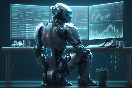 Robot sitting in front of computer monitor. 3D rendering.の素材
