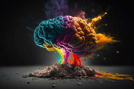 Colorful explosion of paint with human brain on dark background. 3D renderingの素材