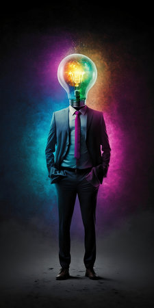 Businessman with a light bulb instead of his head concept on backgroundの素材