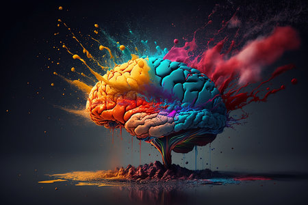 Brain explosion with colorful paint splashes on dark background. 3D renderingの素材