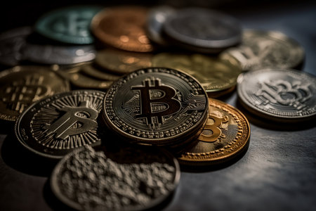 Close up of golden and silver bitcoin on dark background. Cryptocurrency concept.の素材