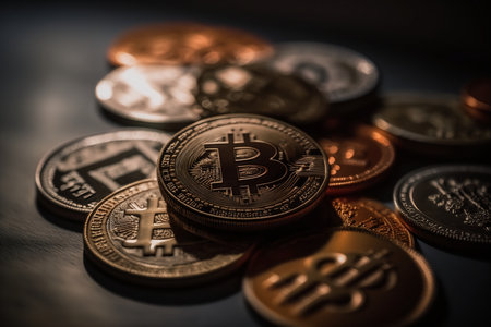 Bitcoin coins on a dark background. Cryptocurrency concept. Close up.の素材