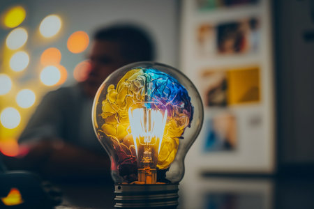 Young man with a lightbulb in his hands. Concept of creativity.の素材