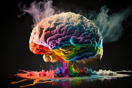 Colorful brain with splashes of paint on black background. 3D renderingの素材