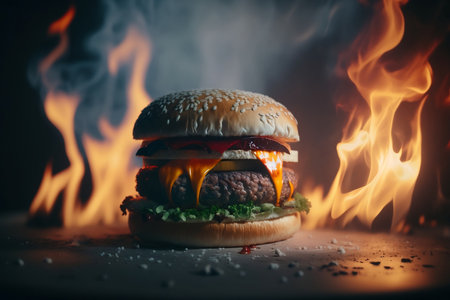 Hamburger on fire background. Fast food concept. Toned.の素材