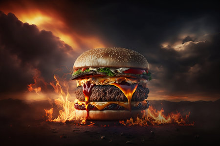Hamburger on fire with dark background. Concept of fast foodの素材