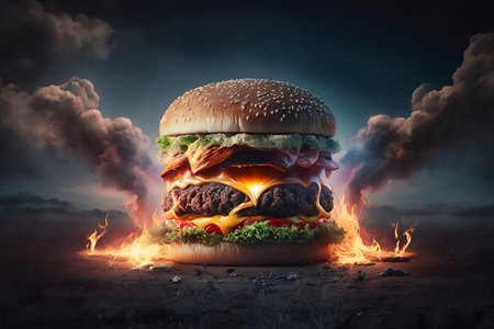 Big tasty cheeseburger with fire on background. 3d renderingの素材