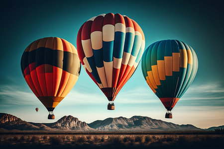Colorful hot air balloons flying over valley. 3D Renderingの素材