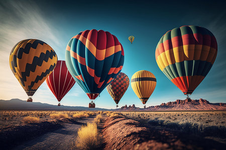 Hot air balloons flying in the sky at sunset. 3d renderingの素材