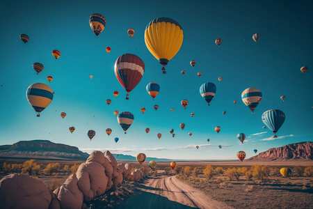 Hot air balloons flying over valley, Cappadocia, Turkeyの素材
