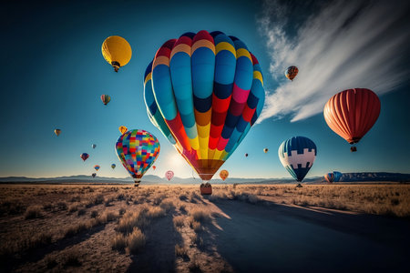 Colorful hot air balloons flying over the countryside. 3D Renderingの素材