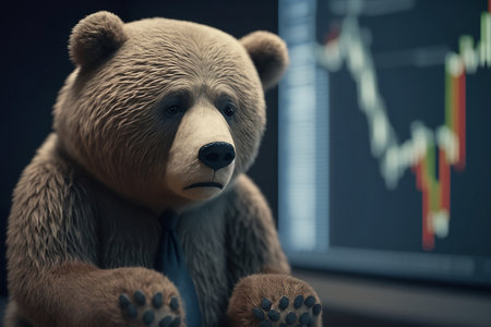 Bear doll with stock market chart on screen.の素材