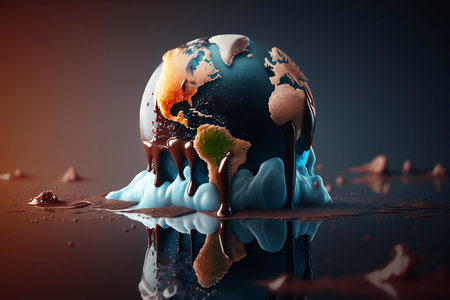 3D render of a melting earth globe surrounded by melted chocolate.の素材