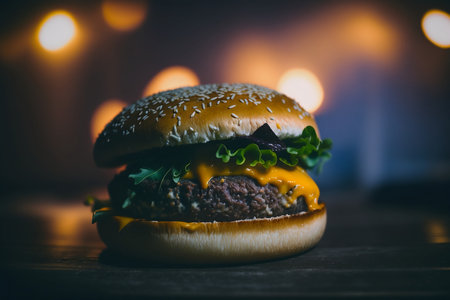 Closeup of tasty cheeseburger on a wooden table with burning candlesの素材
