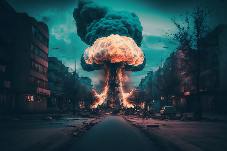Image of a huge explosion in the city at night, 3d renderingの素材