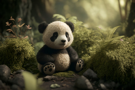 Cute panda sitting on moss in the forest, vintage toneの素材