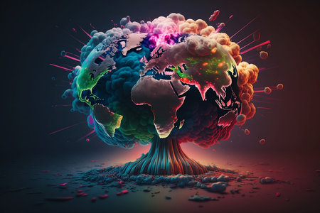 3d rendering of planet earth in explosion with colorful particles and smokeの素材