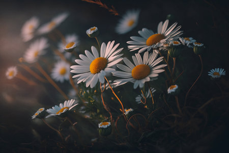 Beautiful daisies in the meadow at sunset, vintage styleの素材