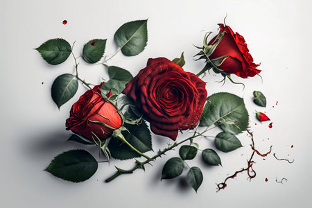 Flowers composition. Red roses on white background. Flat lay, top viewの素材
