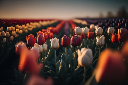 Field of red and white tulips at sunset in Holland, Netherlandsの素材