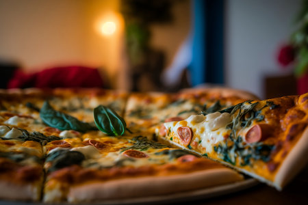 Pizza with mozzarella cheese and basil on a wooden tableの素材
