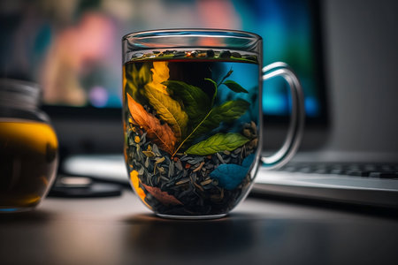 A cup of herbal tea on the table with a laptop in the backgroundの素材